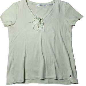VTG 90s Tommy Hilfiger Short Sleeve Cropped Baby Tee Green Lace-up Top